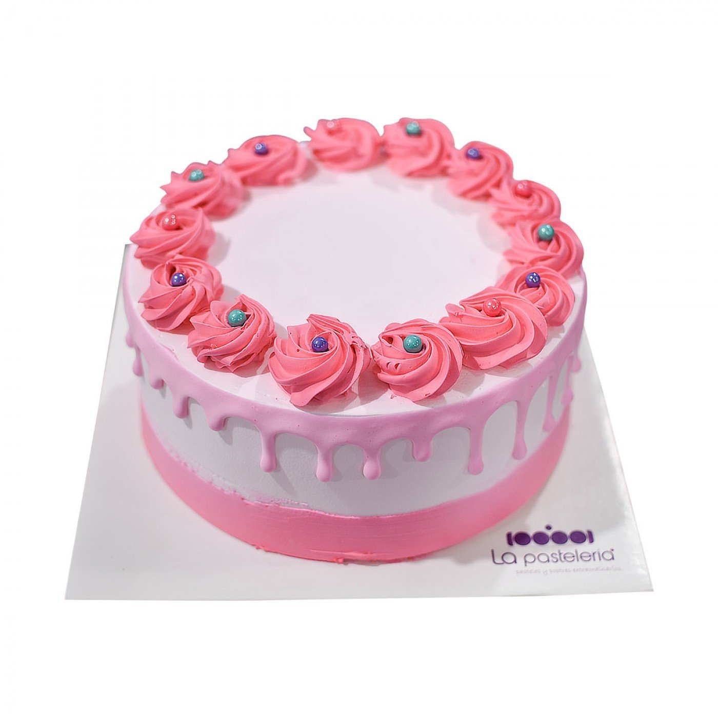 pastel de rosetones y chorreado rosado