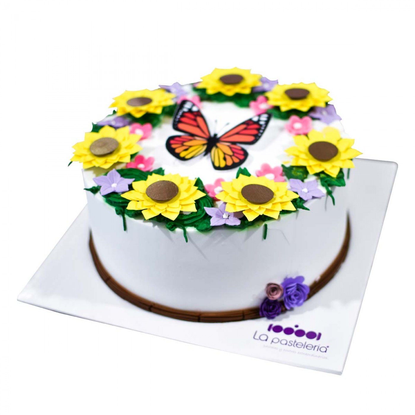 pastel de girasoles y mariposa de papel 